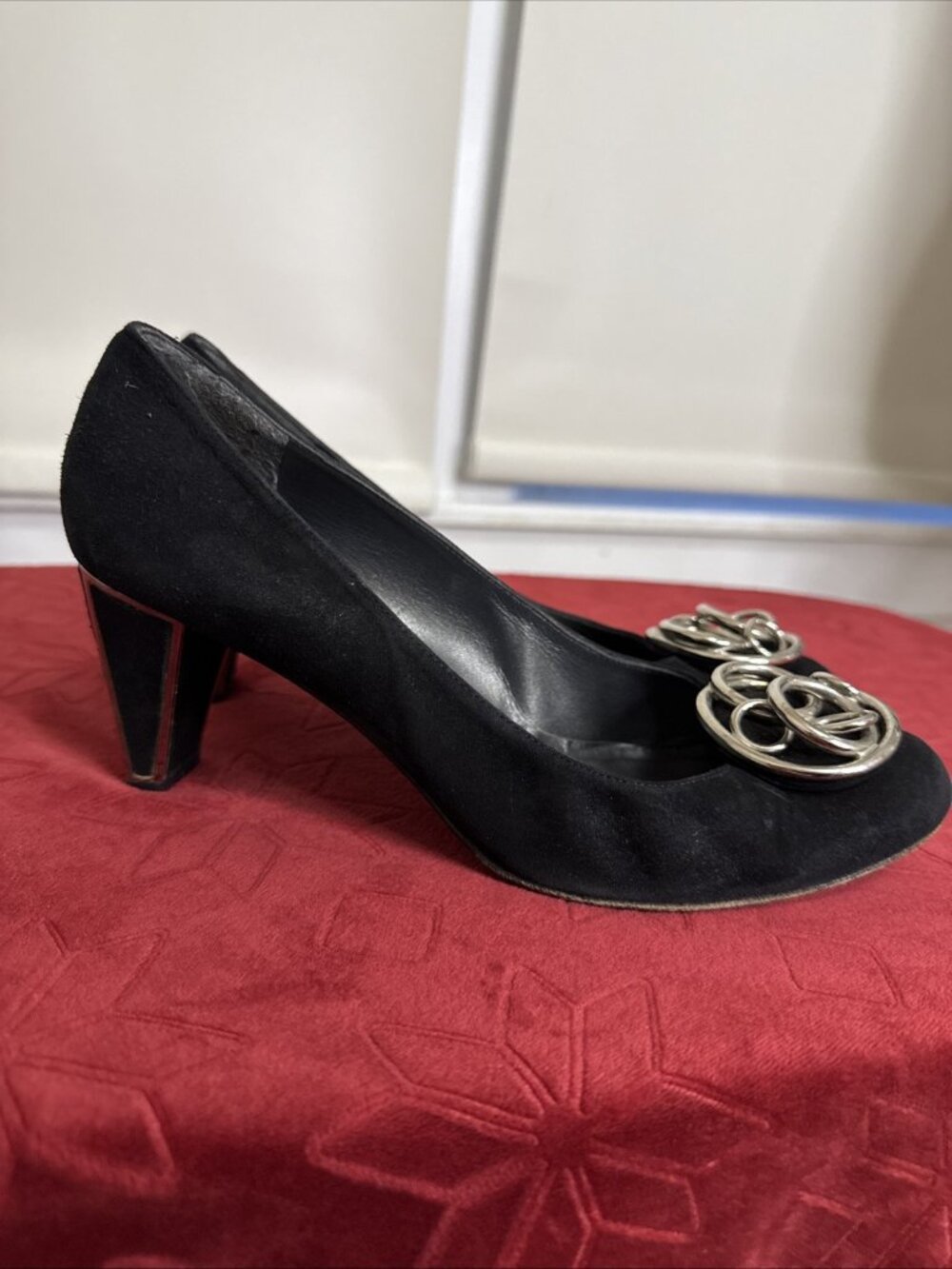 Stuart Weitzman Shoes Womens 7.5 Black Suede Pumps Block Heel embellishment - Picture 3 of 8